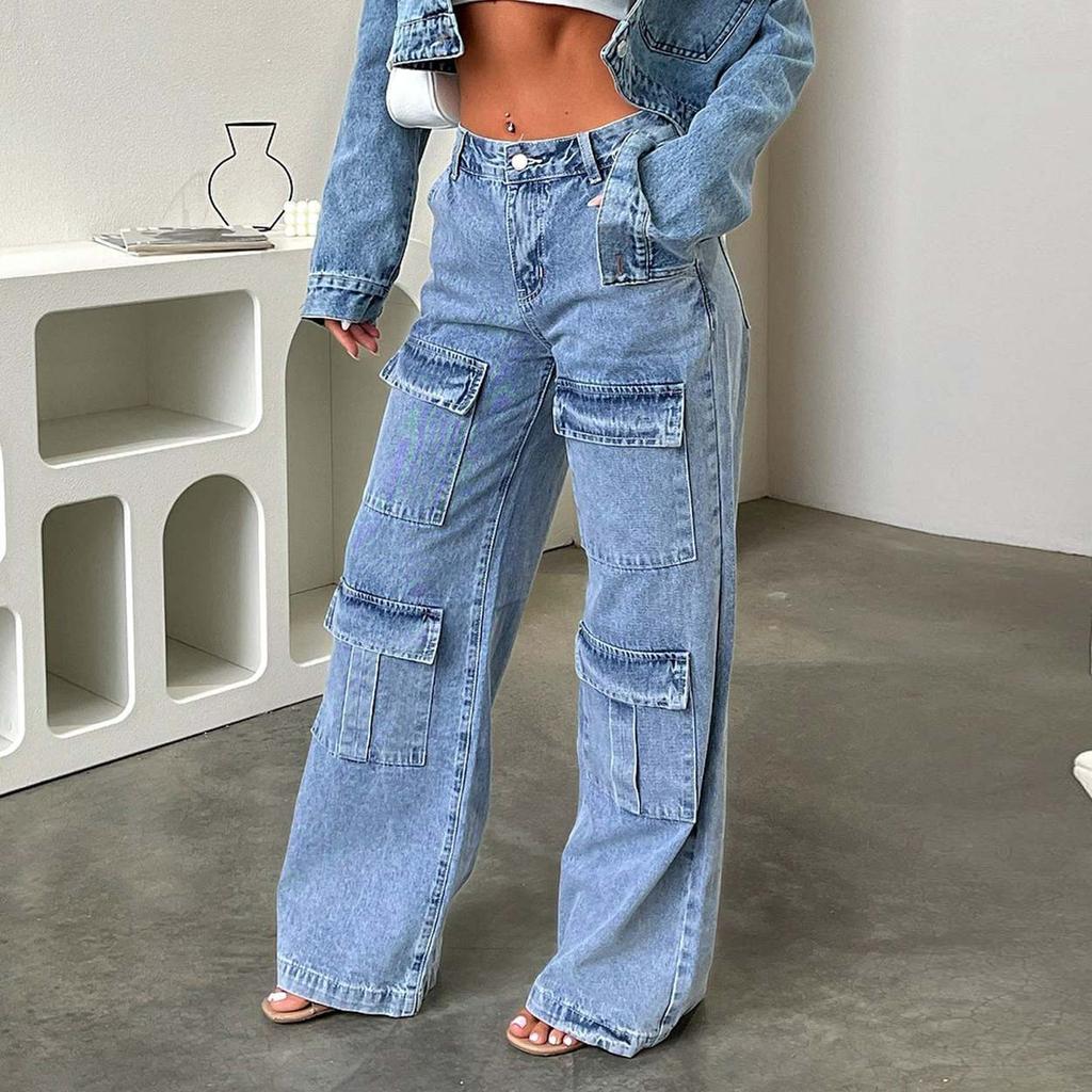 Women Hip Hop Baggy Jeans Wide Leg Mid-Low Waist Jeans Loose Boyfriends Jeans Vintage Denim Pants
