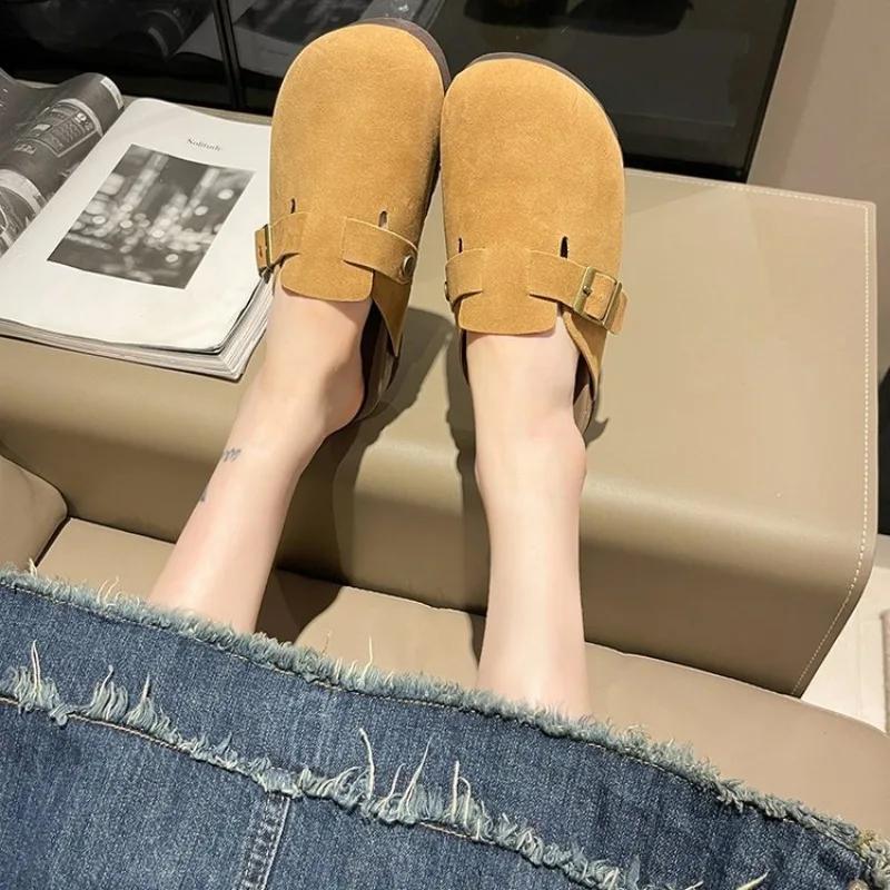 Zapatos Mujer Новые женские замшевые мюли Тапочки на плоской подошве Бостонские сабо Сандалии Модные уличные слипоны Пляжные сандалии