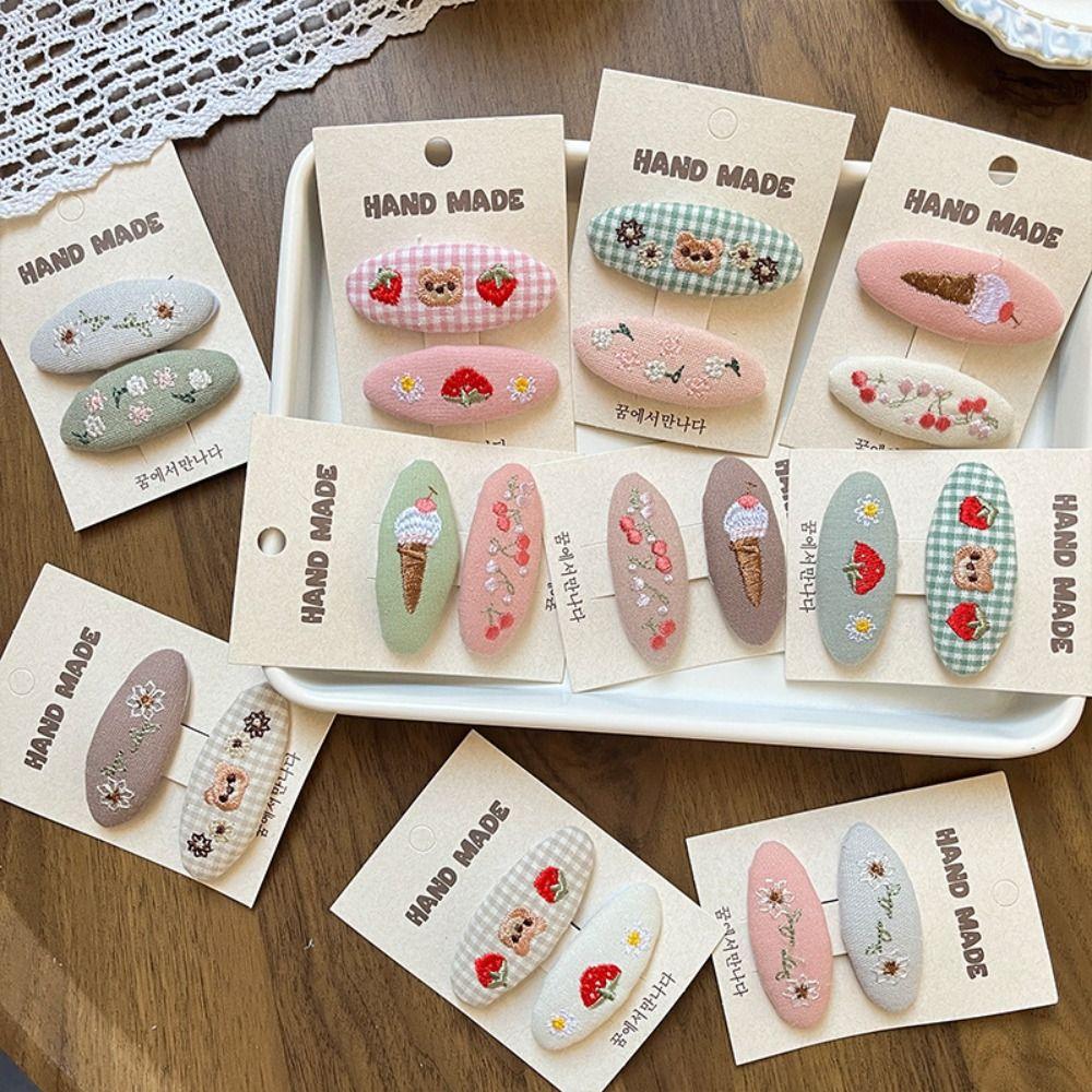Oval Floral Embroidered Hairpin Set Cute Children's Hair Accessories Kids