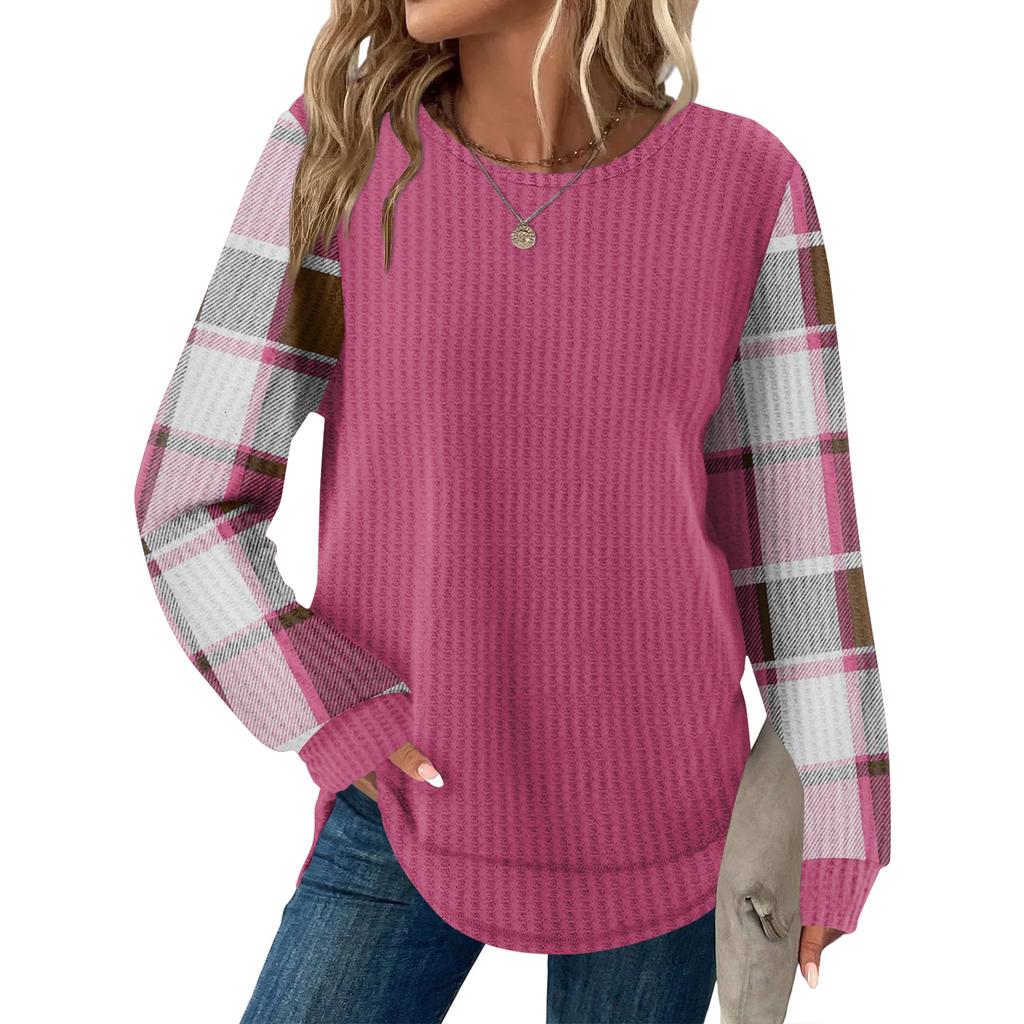 Женский повседневный топ свободного кроя с круглым вырезом и длинными рукавами в клетку