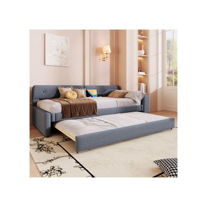 Canapé-lit - MUVOE - 90x200cm - Gris - Avec sommier à lattes - Rangement intégré