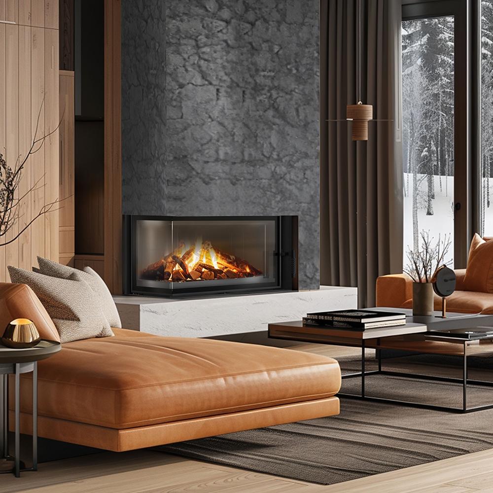 Corner Fireplace KRATKI FLOKI Left 12kW Ø200 Black Closing Installation Kit