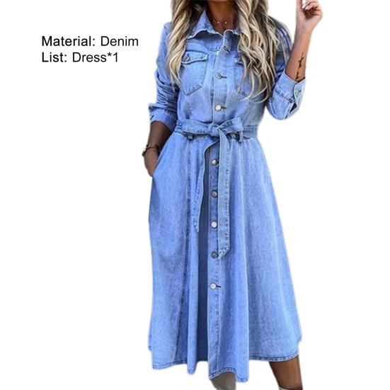 Single-Breasted High Waist Denim Dress Shrink-resistant Lapel Belt Long Sleeve Women Midi Dress Streetwear