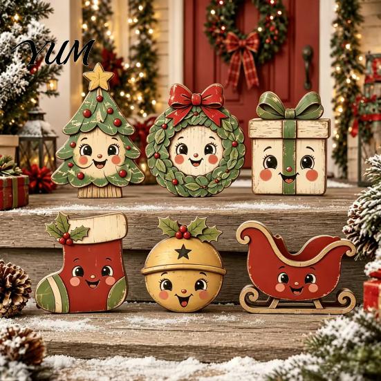 Small Christmas Table Ornaments 6Pcs Wooden Tabletop Signs, Xmas Sign Decor, Santa Winter Holiday Home Accents Snowman Reindeer Gingerbread