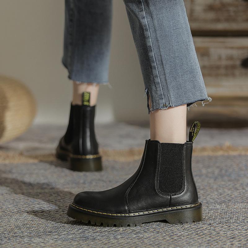 Осенне-зимние короткие ботинки «Челси» из мягкой кожи, женские ботинки на толстой подошве с сухожилиями крупного рогатого скота, плюшевая термообувь для женщин