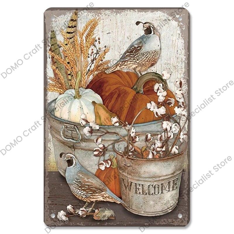 Приветственный плакат, металлическая пластина, винтажная тыква, подсолнух, птица, металлические жестяные знаки, настенный декор, садовая дверь, кафе, вечеринка