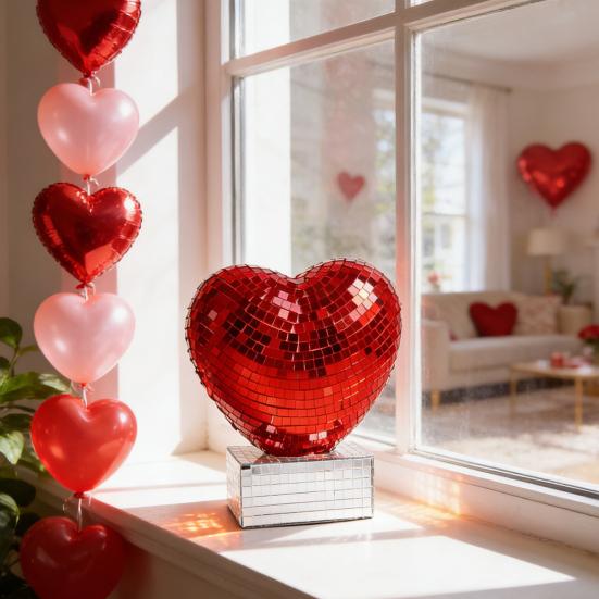 Фигурка Диско Сердце Блестящая Красная Розовая Сердцевидная Настольная Центральная Композиция Романтическое Отражающее Диско Зеркальное Сердце для Дня Святого Валентина Юбилея Свадьбы