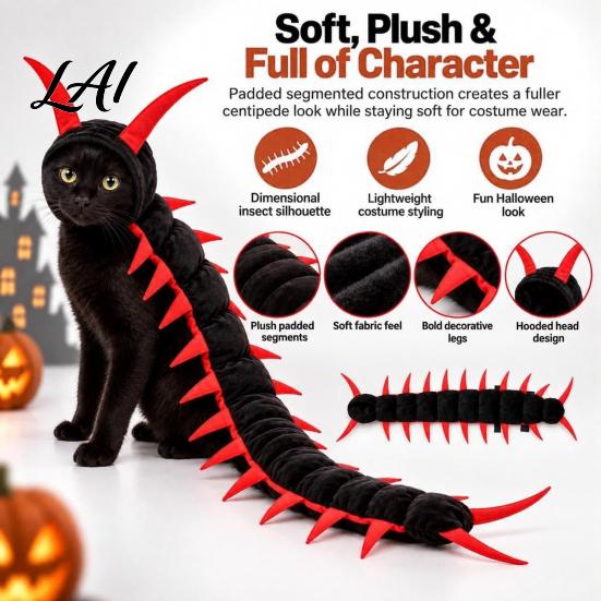 Funny Animal Cosplay Suits Centipede-Look Cat Outfit Stuffed Pet Costume Halloween Plush Segmented Body with Holiday Accessories Adjustable Straps