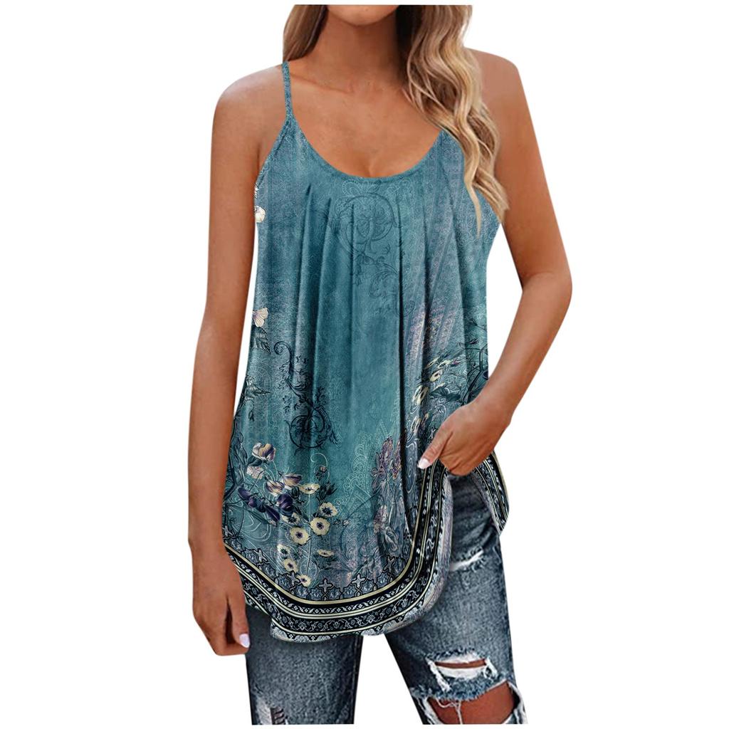 Women's Summer Sexy Sleeveless Spaghetti Strap T-shirt Printed Tops