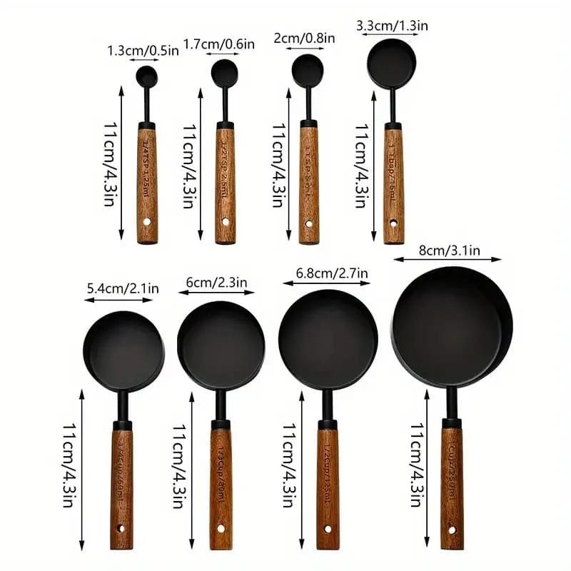 8-Piece Measuring Cup and Spoon Set with Wooden Handles Stainless Steel Measuring Cup Baking Tools Coffee Measuring Spoon Set