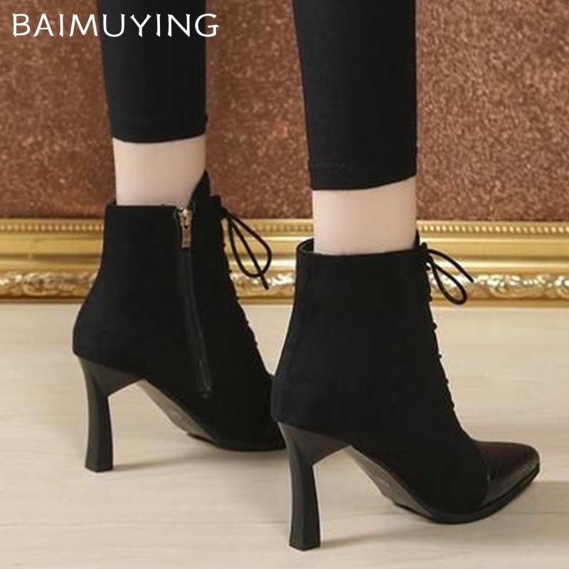 Замшевые женские ботильоны с острым носком, сексуальные туфли на высоком каблуке 2025 года, модные туфли на шнуровке, дизайнерские зимние туфли-лодочки Chelsea Botas Mujer
