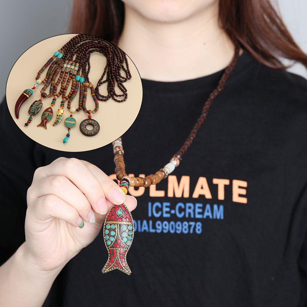 Boho Lucky Gift Ethnic Jewelry Party Buddhist Mala Wood Bead Horn Fish Pendant Nepal Necklace