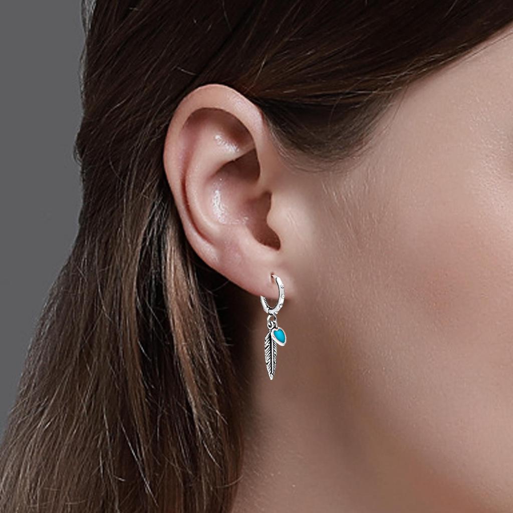 Серьги-кольца из стерлингового серебра 925 пробы, антикварные подвесные серьги-кольца с перьями и бирюзовой эмалью для женщин-подростков