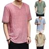 Retro Men Plus Size Linen Rhombus Patchwork Short Sleeve V Neck T-Shirt Top
