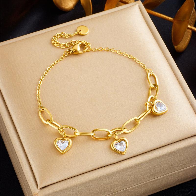 Retro Minimalist Heart Pendant Bracelet with Colorful Fashion Gemstone and Titanium Steel Chain Versatile Accessory