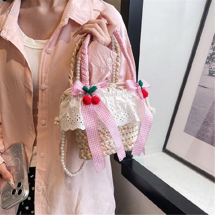 Cute Bowknot Woven Straw Handbag Beach Ruffle Lace Pearl Chain Crossbody Bag