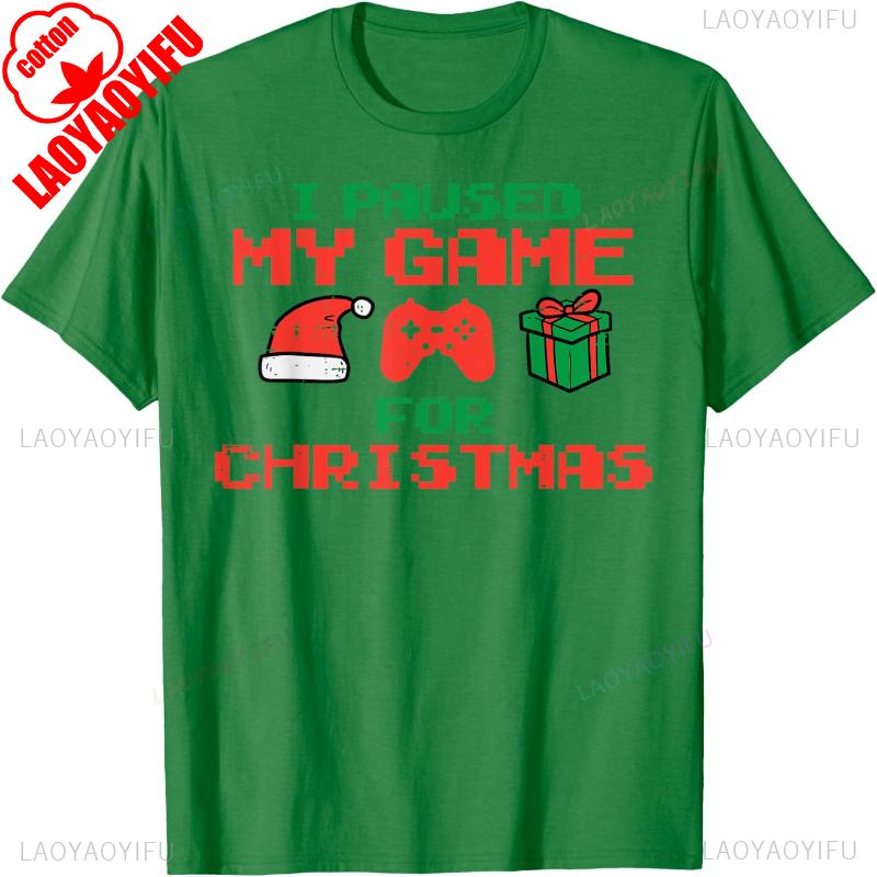 Paused My Game Christmas Gamer Trending Xmas Gaming Unisex Boys TShirt High Quality Cotton Crewneck Printed Tshirt Tops Adult