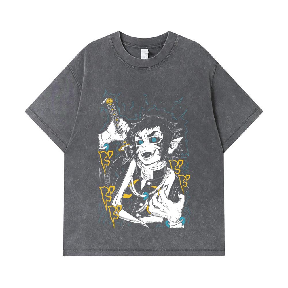 275 GSM Washed T-shirts 100% Cotton Demon Slayer V40 Kaigaku Print Unisex Heavy Cotton T Shirt
