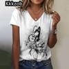 Простая графическая печать свободного покроя женская трендовая одежда новая женская футболка модная рубашка с коротким рукавом женская блузка с V-образным вырезом 2025