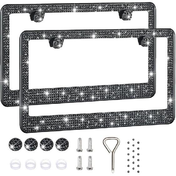 2 шт. Рамки для номерных знаков для женщин, Блестящие стразы, Алмазные автомобильные аксессуары с блестящими хрустальными колпачками (фиолетовый (2PCS))