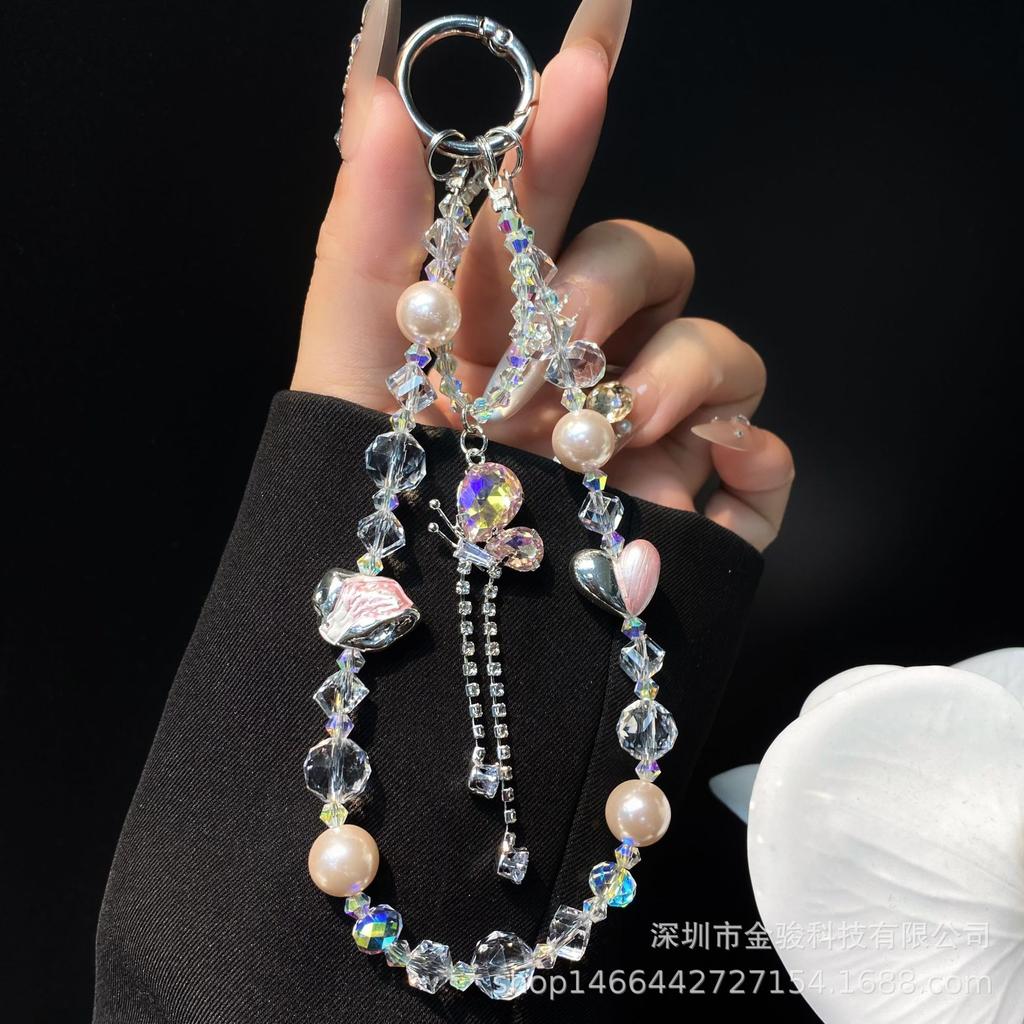 INS Heart Alloy Phone Chain Zircon Butterfly Pendant Crystal Bead Hanging Chain High-Quality Phone Chain Beaded Hanging Rope
