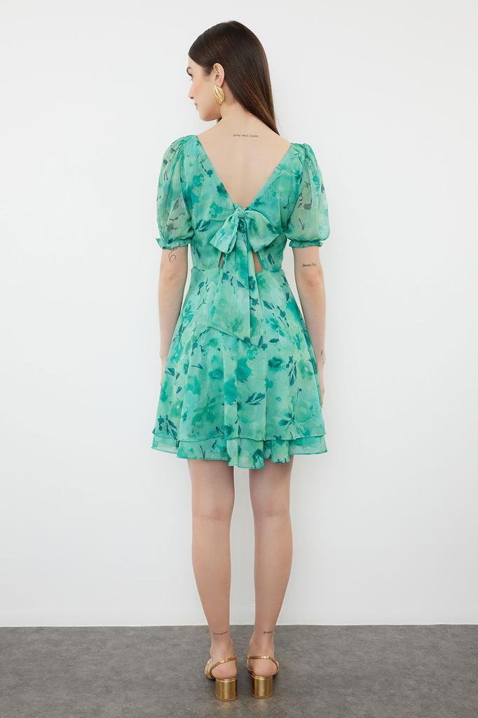 Женское стильное платье с зеленым узором, мини-шифоновое тканое платье на подкладке с вырезом на талии