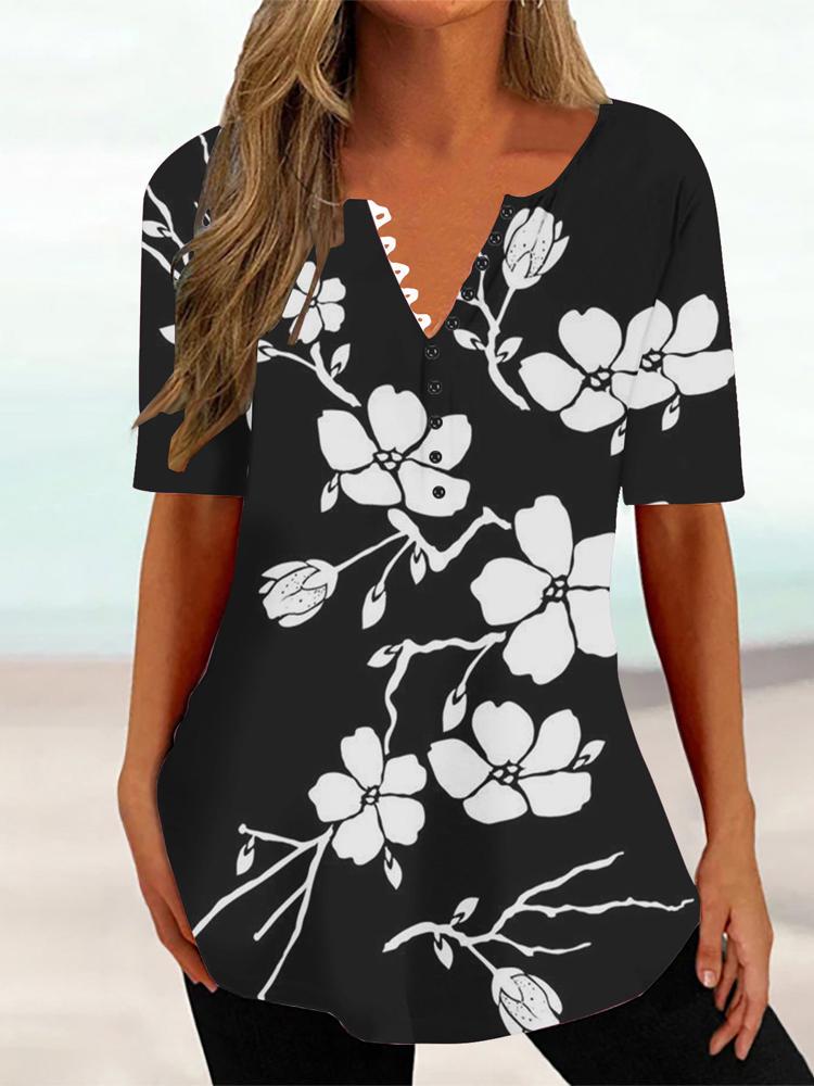 Женская летняя футболка с цветочным принтом и V-образным вырезом, с короткими рукавами, женский винтажный топ средней длины, свободный топ, женская одежда
