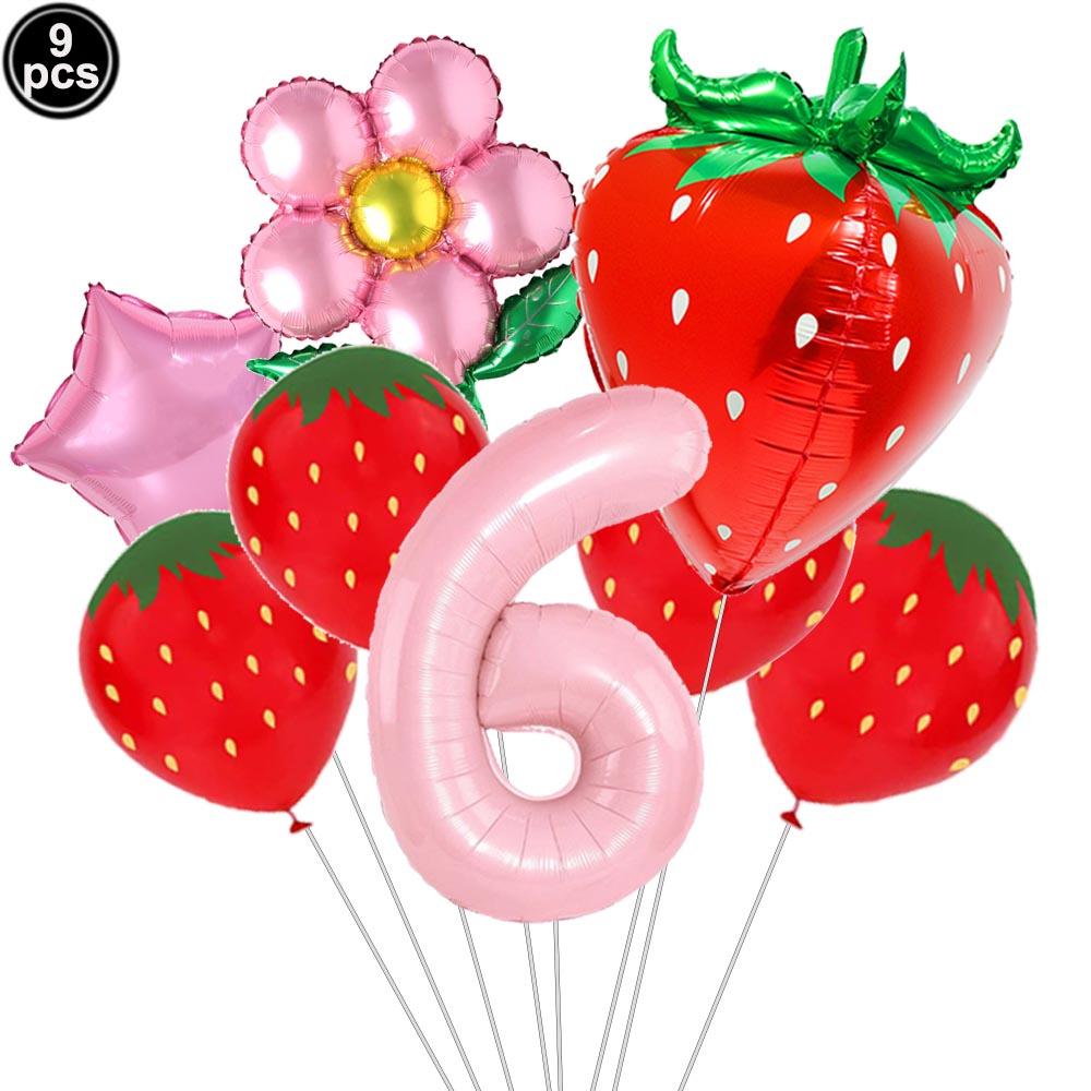 9pcs Strawberry Balloons Kits Birthday Decorations for Girls 32inch 0-9 Number Balloons for Strawberry Birthday Party Decors