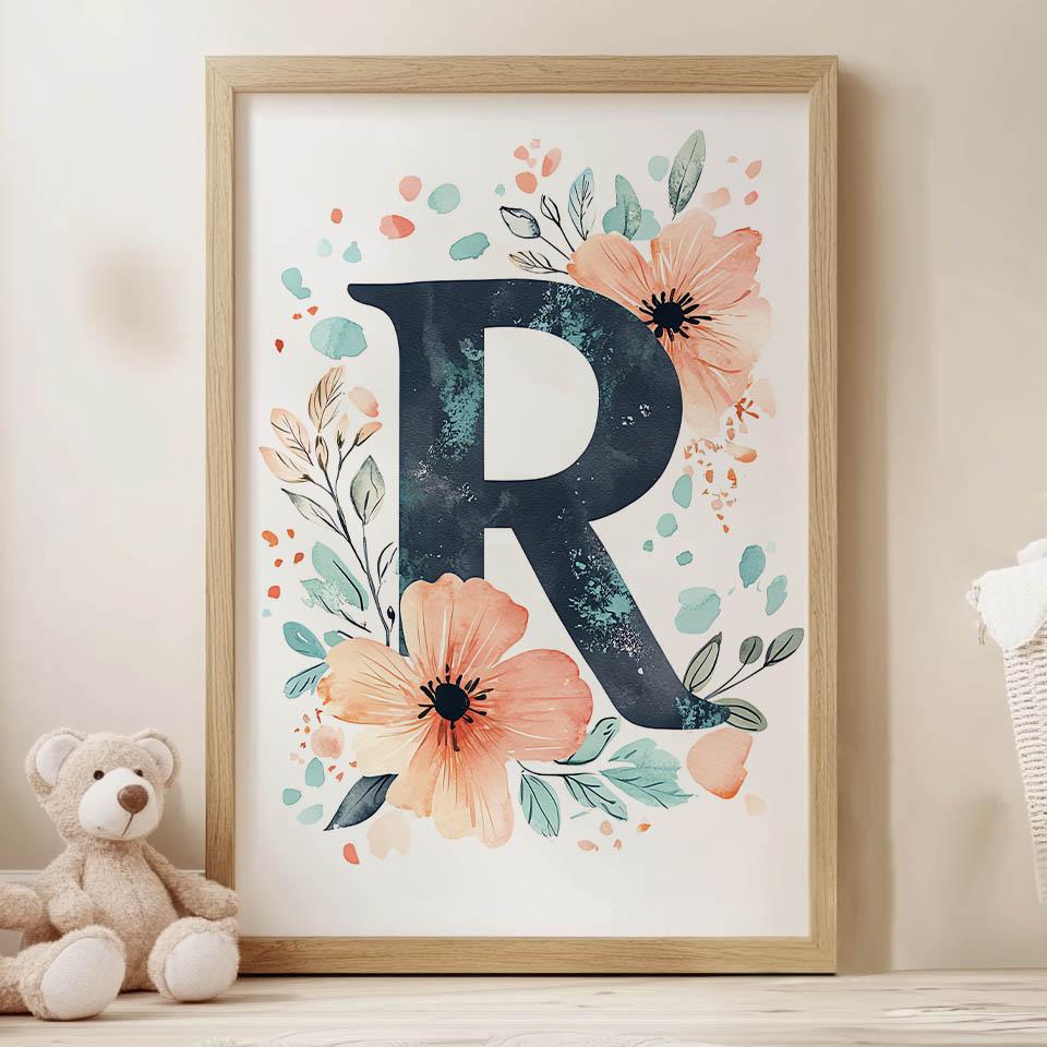 Plakat Litera "R" W Kwiatowym Wieniecu Plakat Litera "R" W Kwiatowym Wieniecu, 50X70 Cm, Bez Ramy, Płótno Premium Na Blejtramie