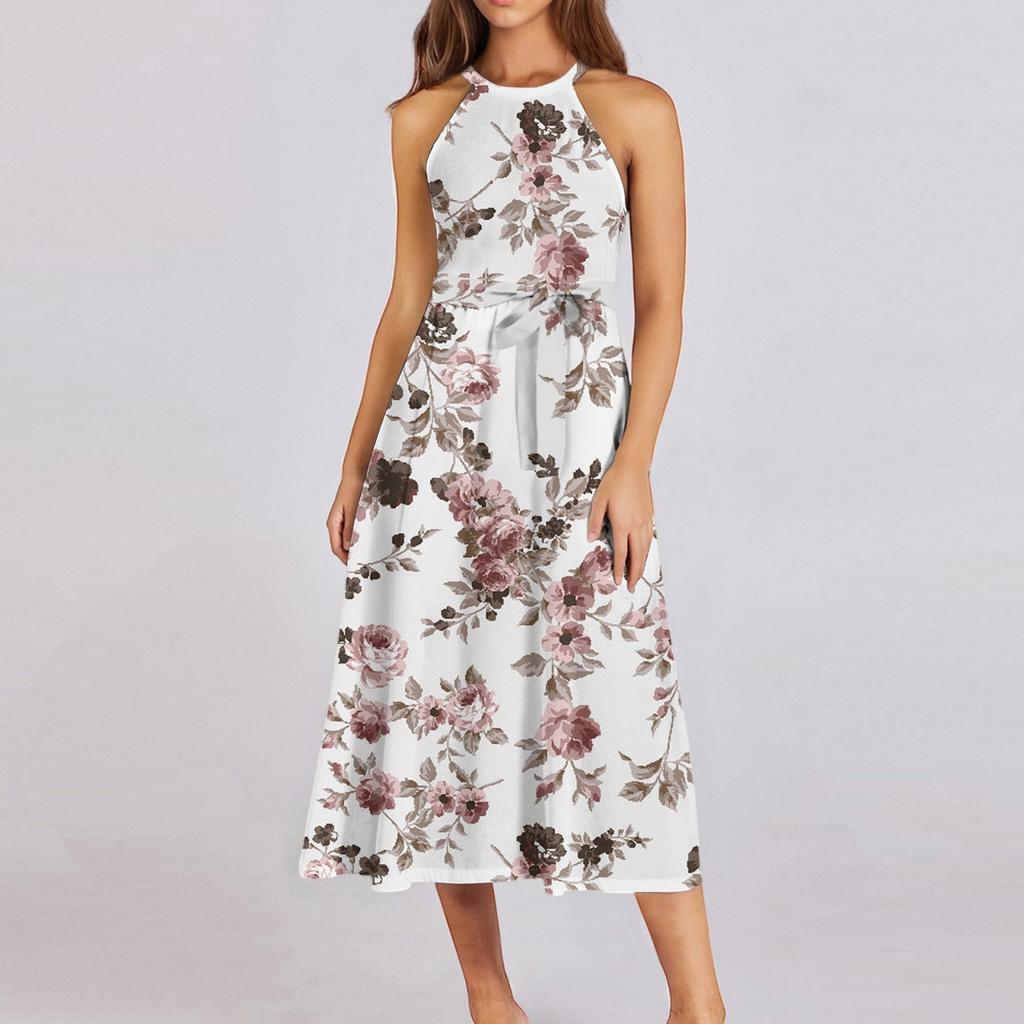 Женское повседневное платье миди с круглым вырезом, классическое, повседневное, без рукавов, свободное платье в стиле бохо с завязками, летний пляжный сарафан