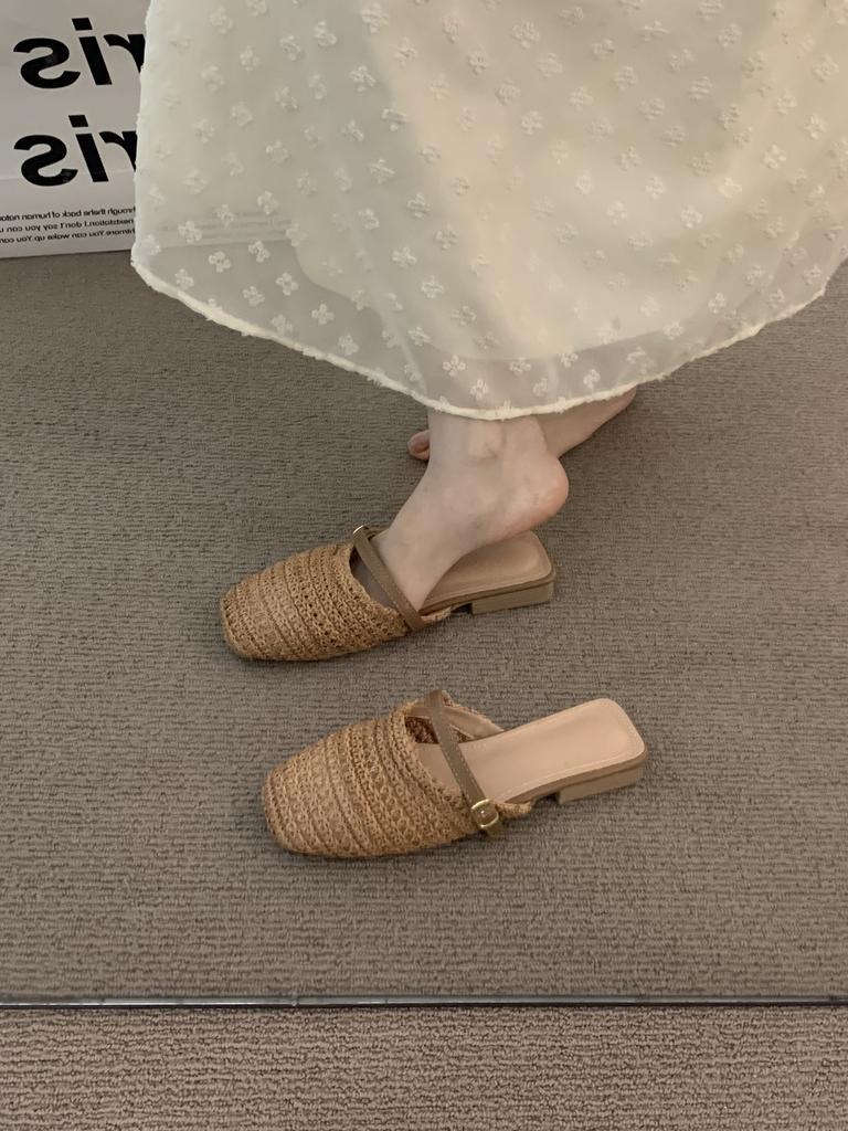 Evening Wind Flat Bottom Niche Woven Half Slippers Women's Outer Wear Spring and Summer Gentle Bag Head Cool Slippers