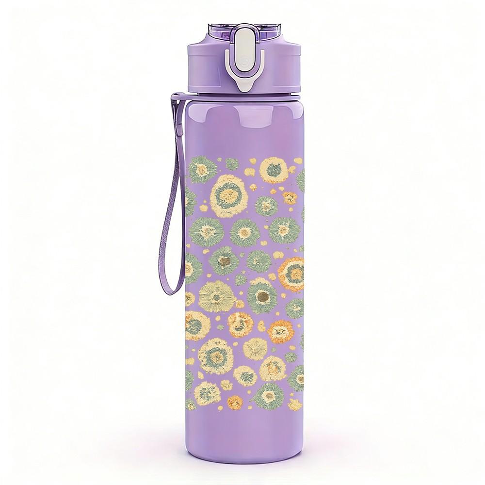 1PC Vintage Round Floral Pattern 750ml Color Plastic Sports Water Bottle Leakproof Flip Straw Lid Suitable for Sports Office Home Use