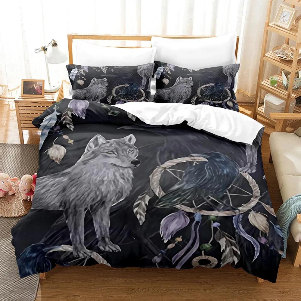 Boys Wolf Duvet Cover Set Queen Size Boho Wolf Wildlife Animal Bedding Set Men Galaxy Dream Catcher Moon Polyester Quilt Cover