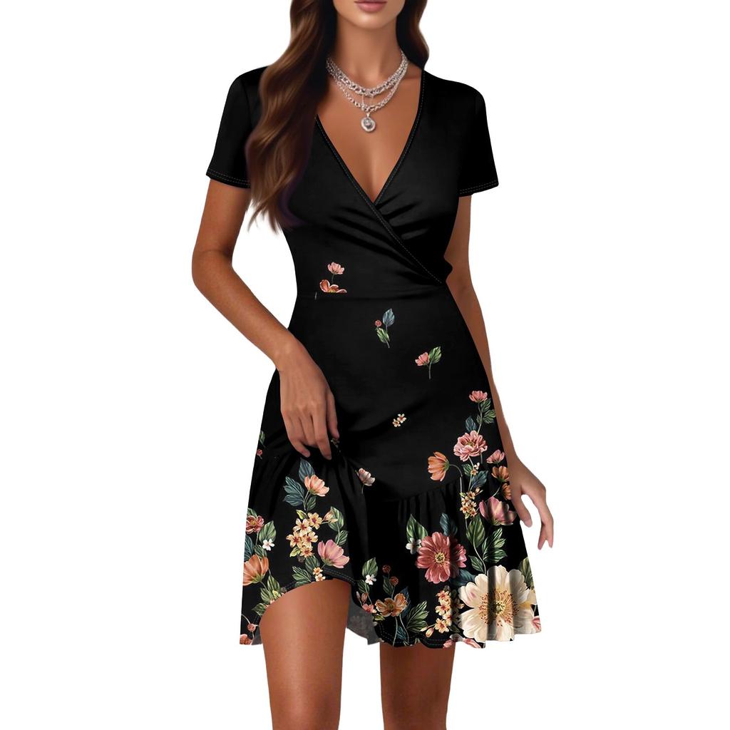 Женские повседневные платья модной длины с V-образным вырезом, коротким рукавом, в стиле пэчворк с цветочным принтом