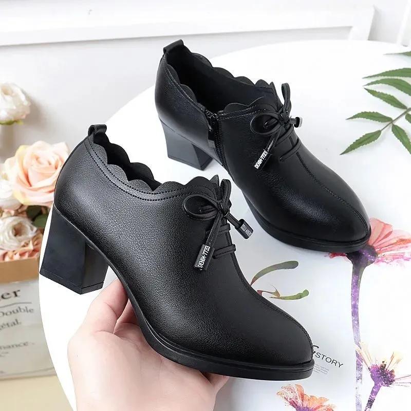 Women Faux Leather Single Shoes Mother Soft Sole Thick Heel Non Slip Black Casual High-heeled PU Shoes Plus Size