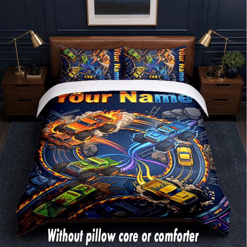 Monster Truck Theme Custom Text Or Name 3Pcs Bedding Set,1 Flat Sheet & 2 Pillowcases Personalized Home Bedding