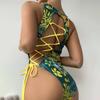 Women Monokini Floral Print Solid Color Hollow Out Multi Straps Lace