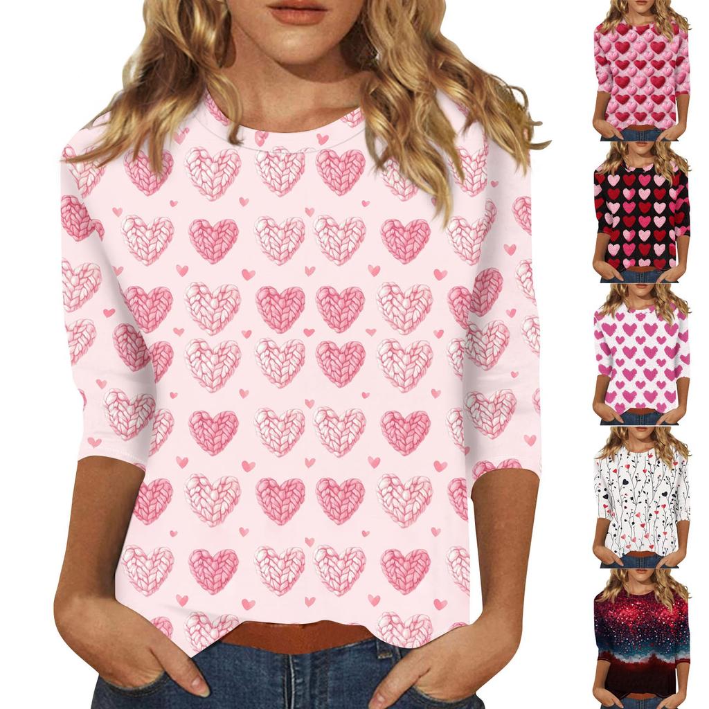 Женская повседневная свободная футболка с круглым вырезом и принтом ко Дню святого Валентина с рукавами три четверти