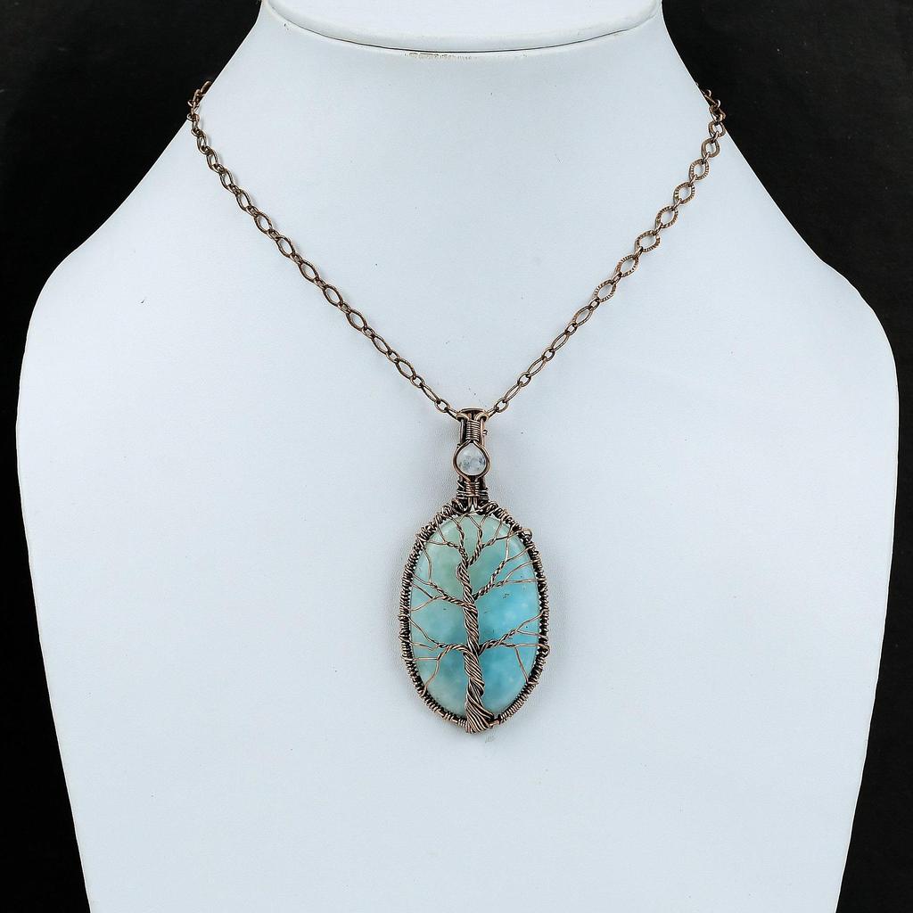 Tree Of Life Hemimorphite Pendant Copper Wire Wrapped Pendant Rainbow Moonstone Gemstone Pendant Handmade Pendant Copper Wire Wrap Jewelry