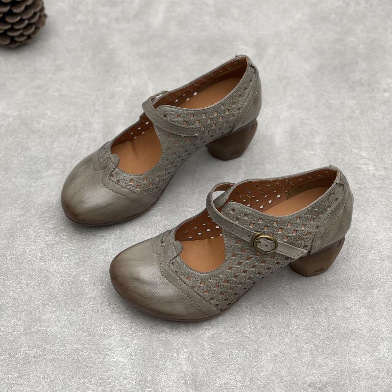 Johnature Винтажные босоножки ручной работы из натуральной кожи на высоком каблуке с выемками, дышащие женские туфли