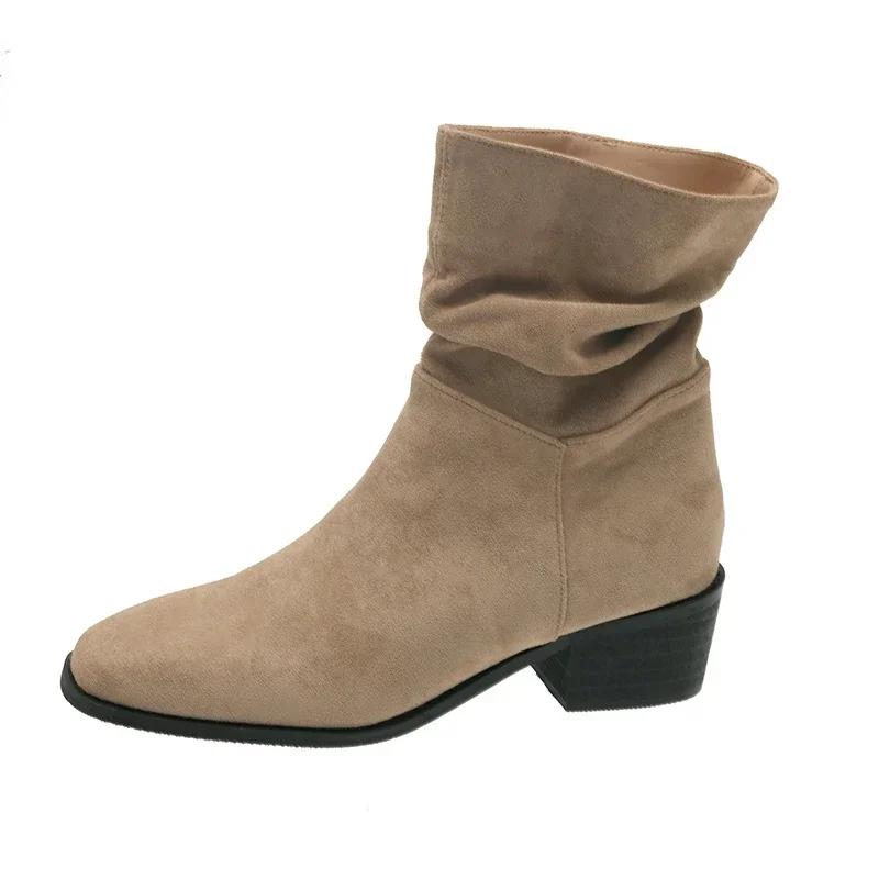 Женские ботинки челси, простые замшевые ботинки до середины голени с круглым носком и квадратным каблуком, удобные осенние ботинки для отдыха на открытом воздухе, 2024, Tendencia