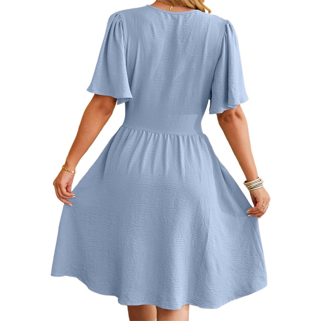 Women Midi Dress Solid Color Short Sleeve V-Neck Dress Summer Fashion Casual A-line Dress