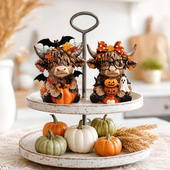 Thanksgiving Highland Cow Sculpture 2PCS Ornament, Wooden Rustic Style Figurine, Country Home Ornament Theme Wood Art, for Entrance Living Room Decor