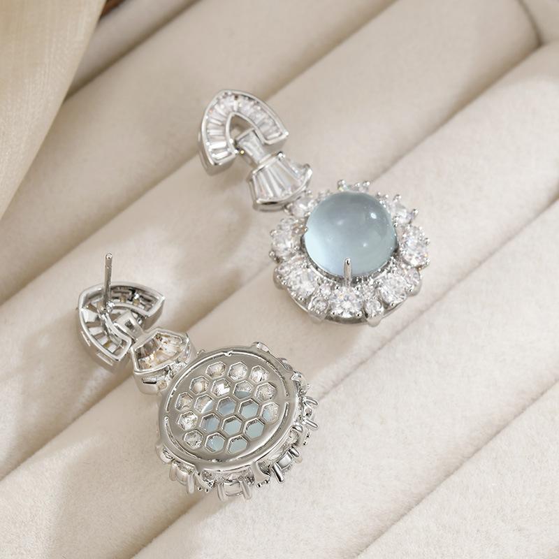 S925 Silver Needle Premium Ice Clear Full Egg Surface Round Pendant Earrings Temperament Design Banquet Versatile Earrings