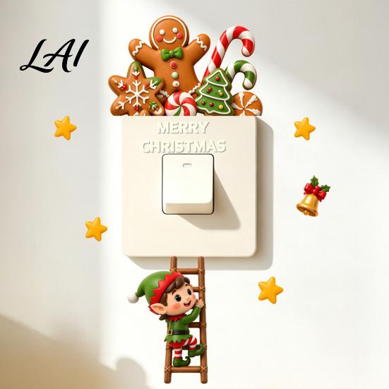 Decorative Door Cabinet Stickers Christmas Elf And Gingerbread Man Switch Sticker Wall Decal for Holiday Home Sticker Decor Decor Cute Cartoon