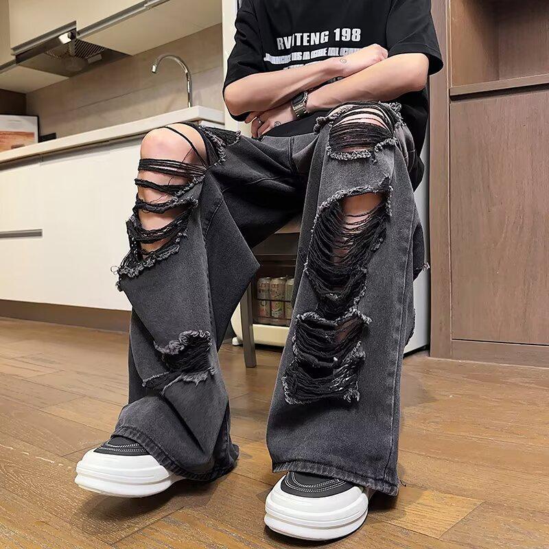 2024 American Retro Black Distressed Wide-Leg Denim Jeans