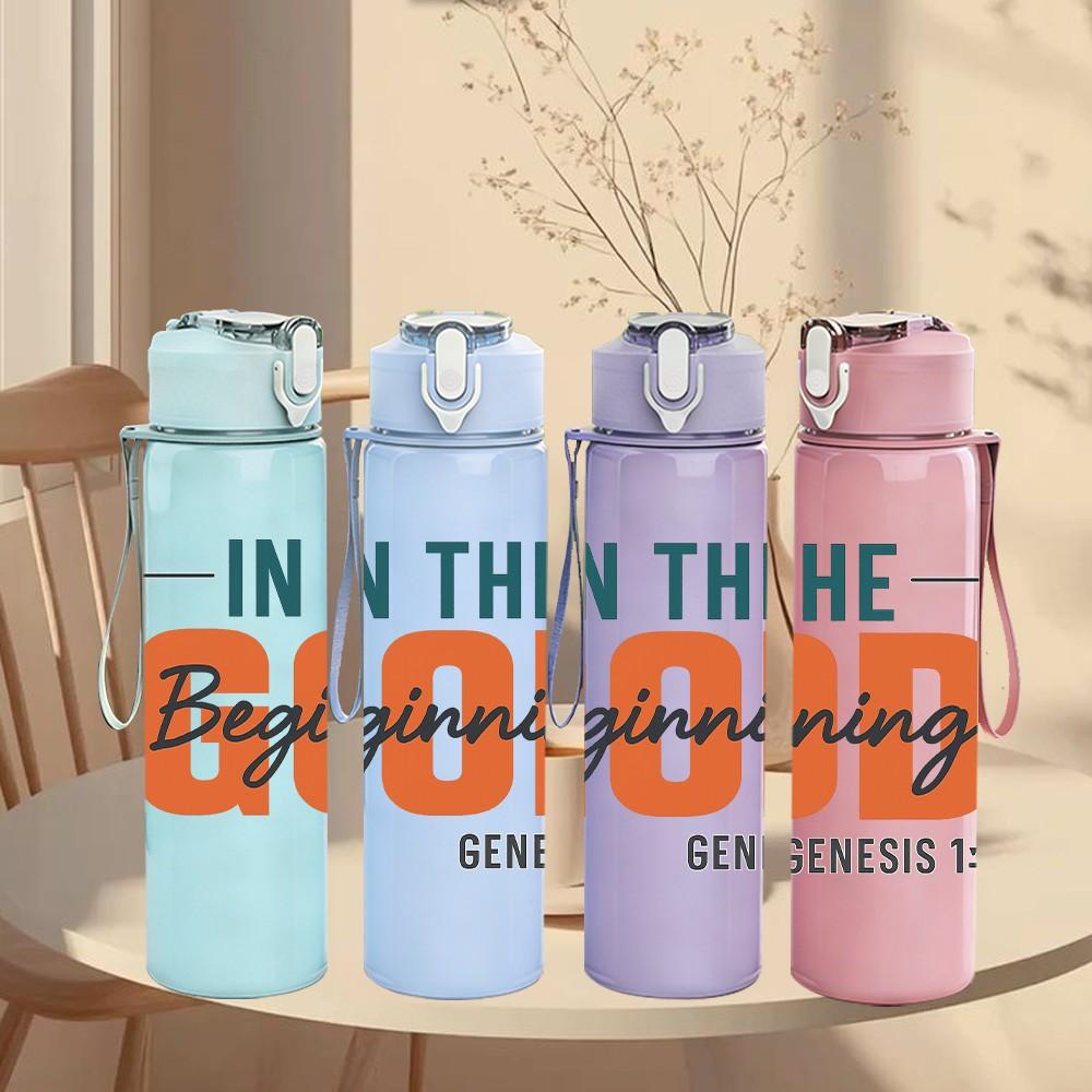 1PC In The Beginning Bible Text 750ml Color Plastic Sports Water Bottle Leakproof Flip Straw Lid Suitable for Sports Office Home Use