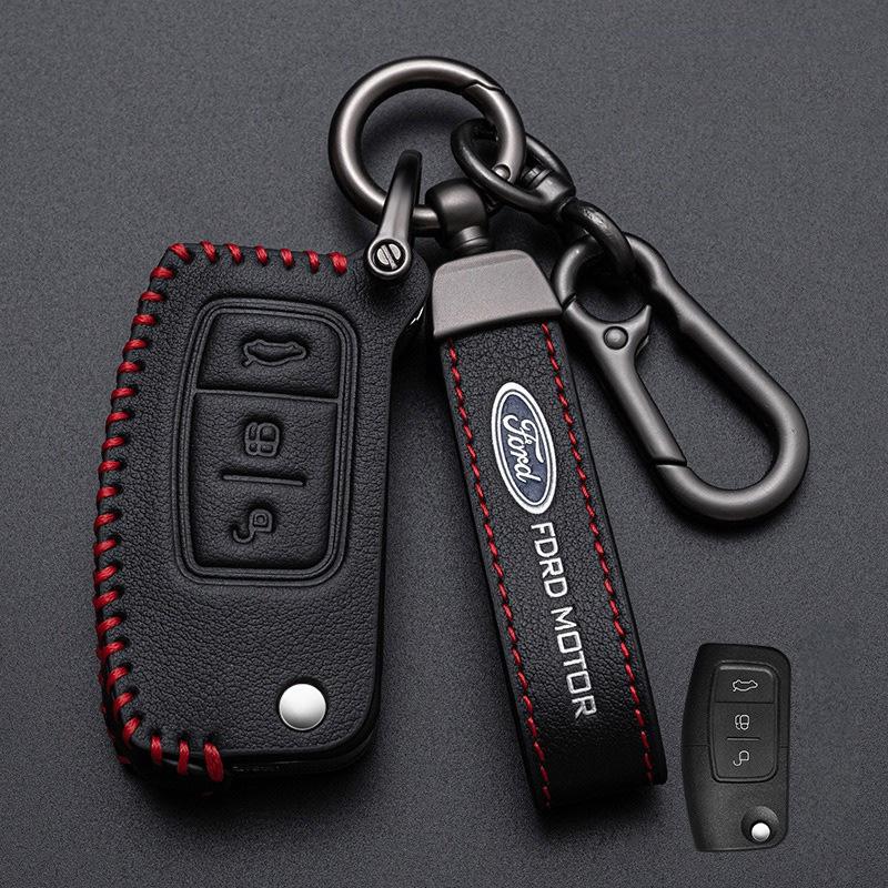 Leather Car Smart Remote Key Cover For Ford Focus Mk3 Mk4 Fiesta Kuga Escape Edge Explorer Mondeo Ranger F-150 Mustang Sticker cc20