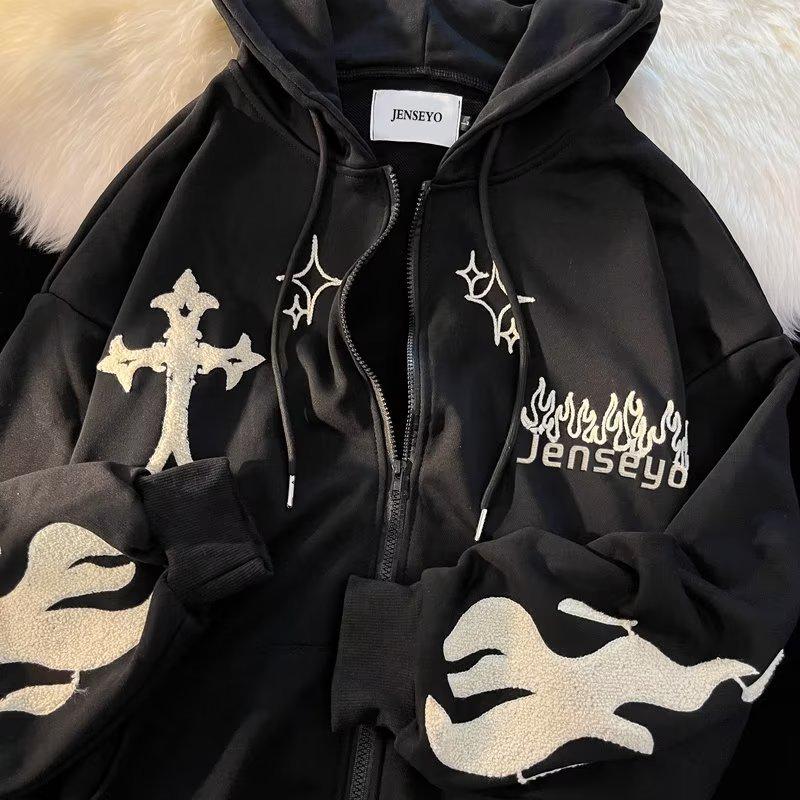 Мужской кардиган-толстовка на молнии с капюшоном, вышивкой креста и пламени, с флисовой подкладкой, модный свободный крой для пар, идеально подходит для весны и осени.