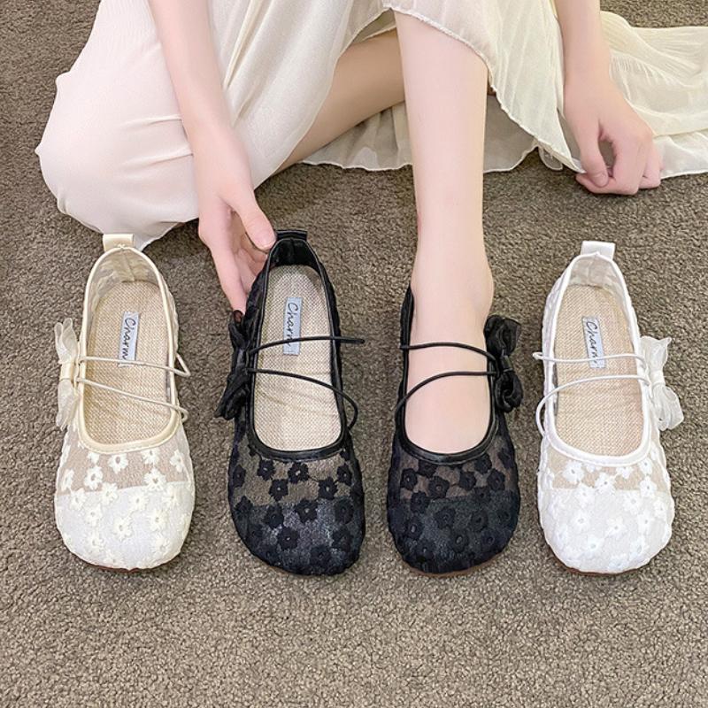 Модные корейские туфли-лодочки для женщин 2024 года, летние новые дышащие сетчатые туфли с бантом и плоской подошвой Zapatos De Mujer